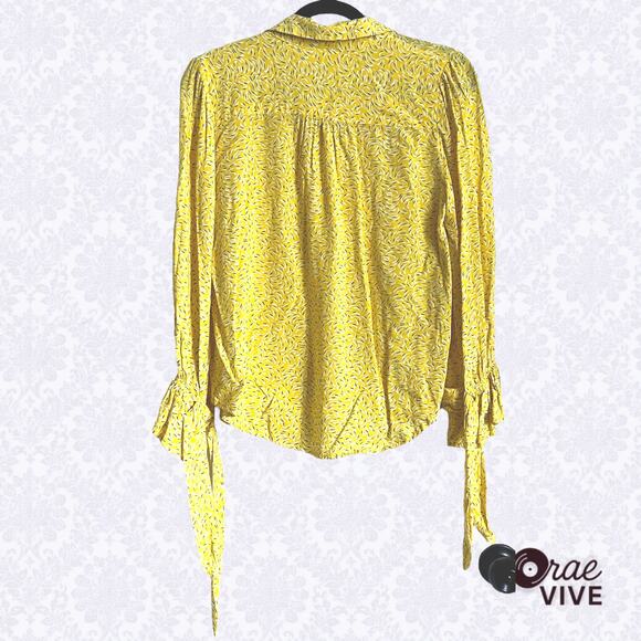 Maeve Anthro 10 Yellow Floral Blouse Tie Sleeve Button Down Top - Picture 3 of 6